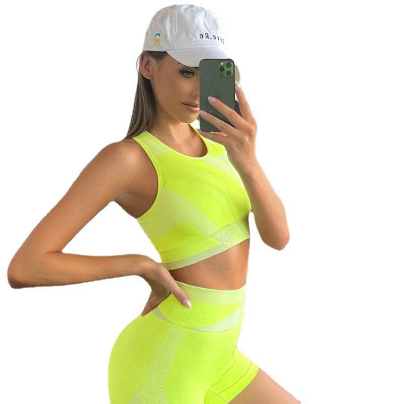 Color Block Seamless Yoga Shorts and Bra Set for Women