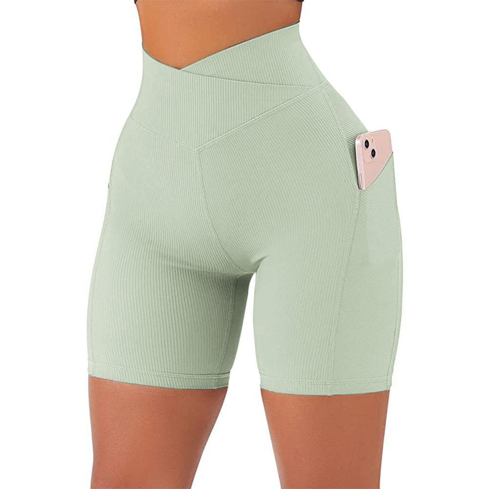 High Waist Cross Workout Shorts with Side Pockets