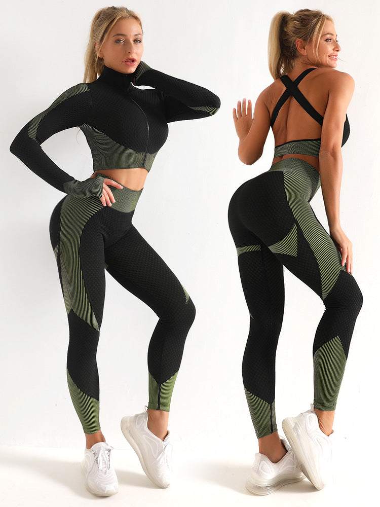 3-Piece Women's Seamless Yoga Set – Leggings, Crop Top & Sports Bra