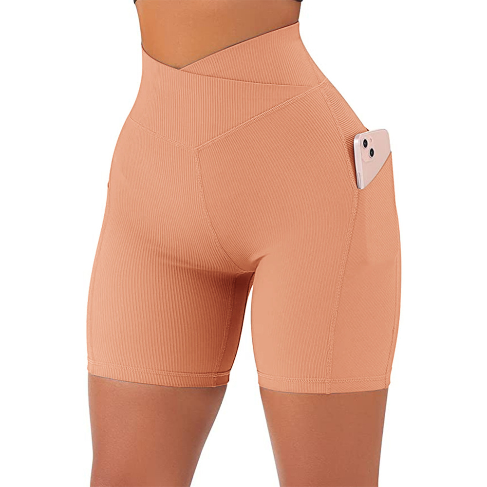 High Waist Cross Workout Shorts with Side Pockets