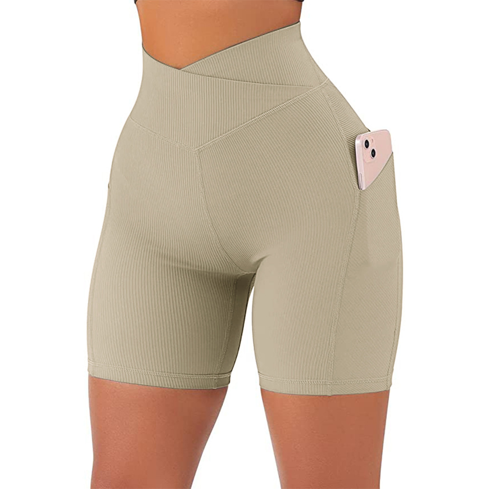 High Waist Cross Workout Shorts with Side Pockets
