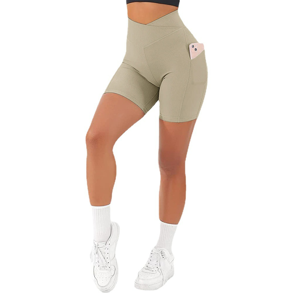 High Waist Cross Workout Shorts with Side Pockets