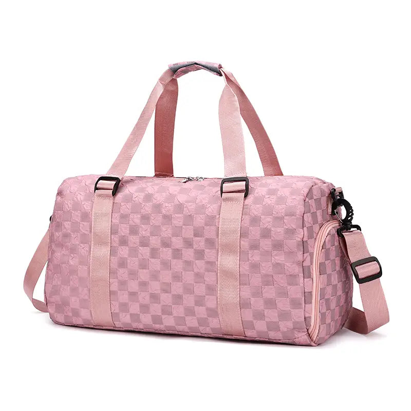 Checkered Pattern Large Capacity Gym Duffle Bag with shoe compartment and dry/wet pocket in bold black and white design