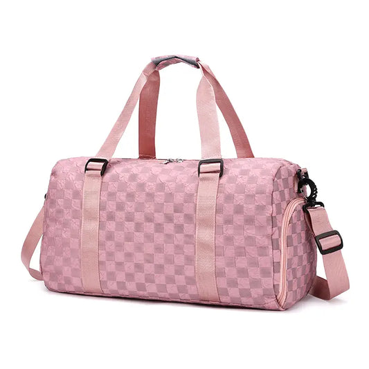 Checkered Pattern Large Capacity Gym Duffle Bag with shoe compartment and dry/wet pocket in bold black and white design