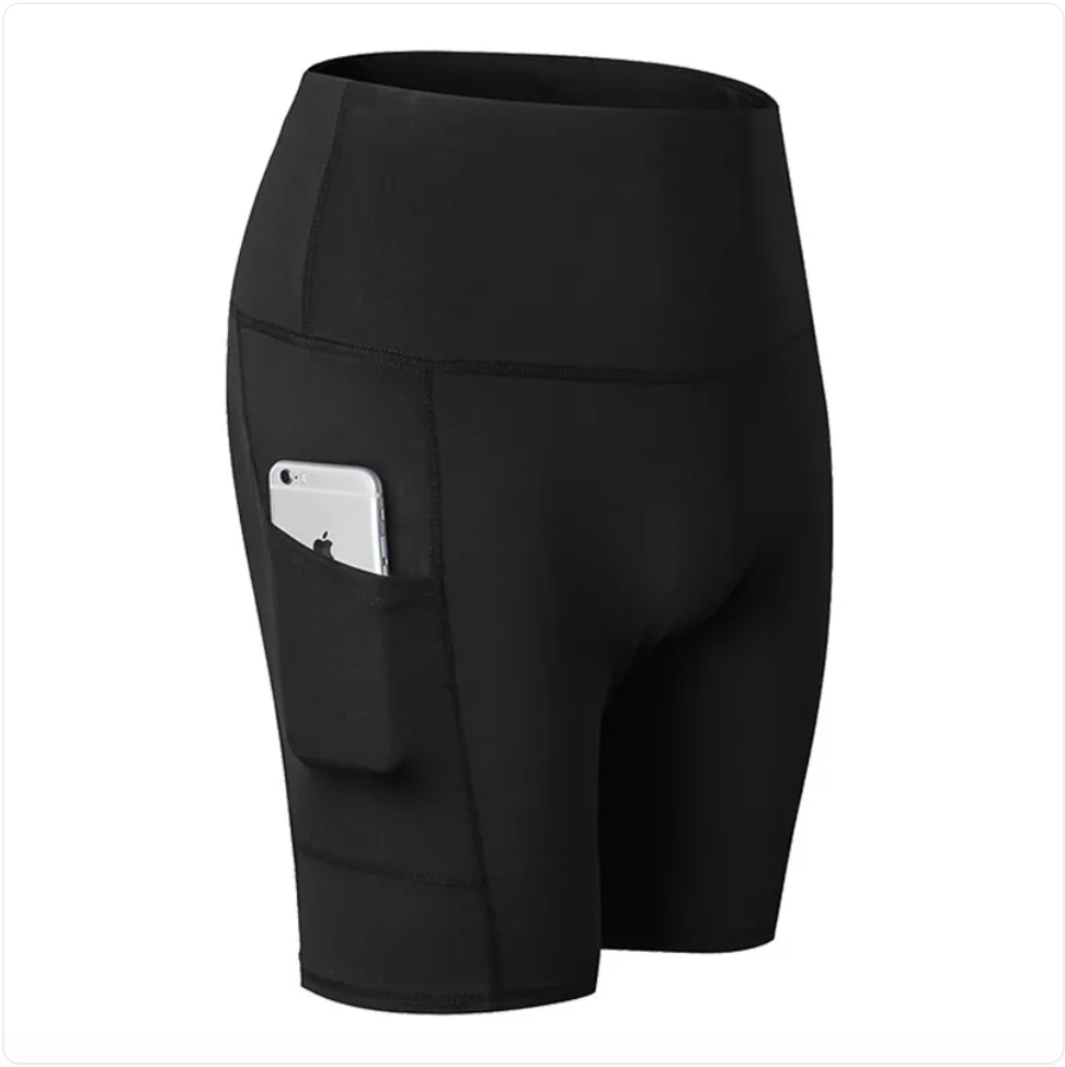 High waist fitness shorts made of soft, stretchy polyester and spandex blend for yoga and workouts