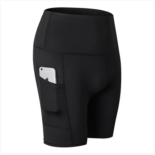 High waist fitness shorts made of soft, stretchy polyester and spandex blend for yoga and workouts