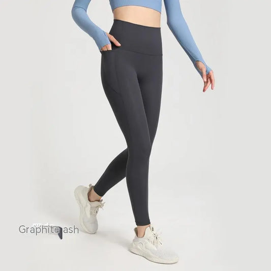 Double-sided sanding workout pants with soft fabric, 4-way stretch, high-waist design, and pockets