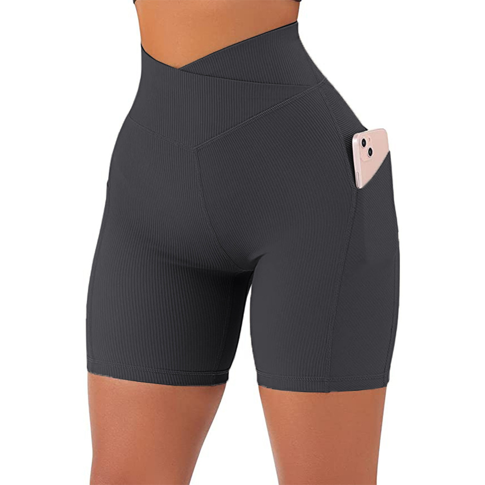 High Waist Cross Workout Shorts with Side Pockets