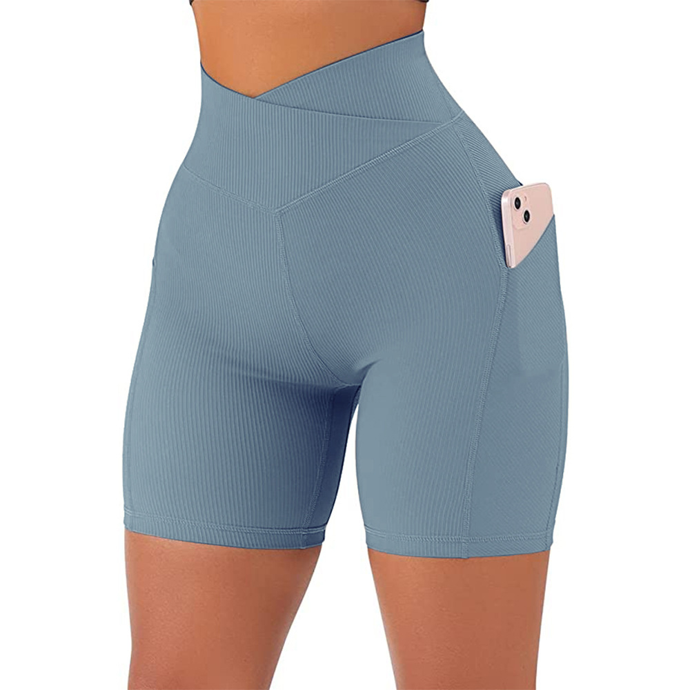 High Waist Cross Workout Shorts with Side Pockets