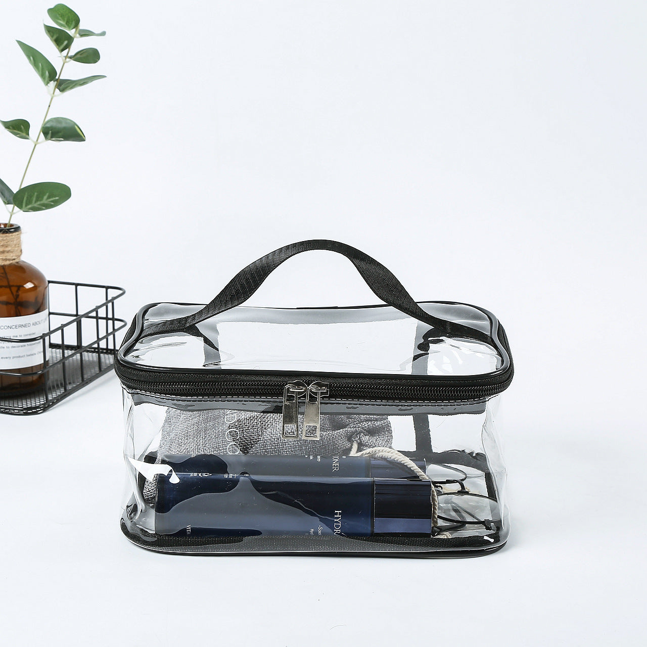 Black transparent portable makeup and fitness bag with soft handle and compact design