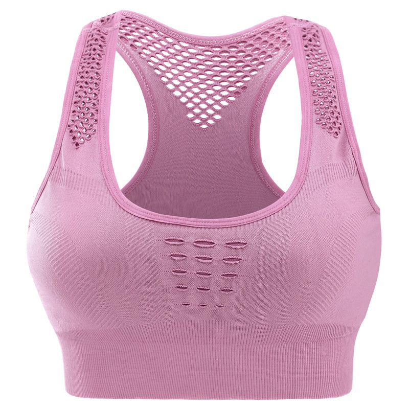 Seamless hollow back sports bra for women in nylon fabric designed for yoga and workouts