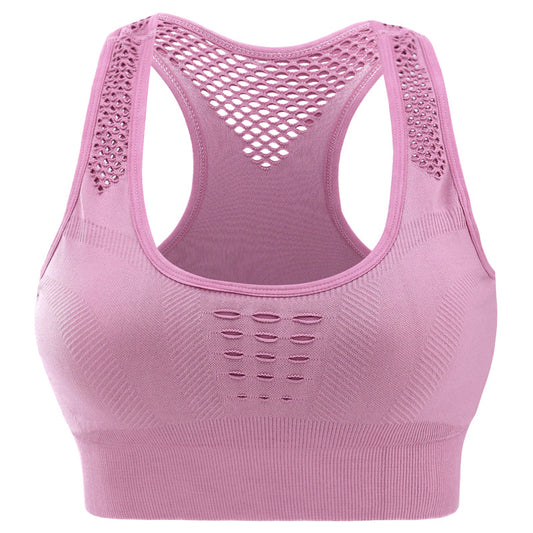 Seamless hollow back sports bra for women in nylon fabric designed for yoga and workouts