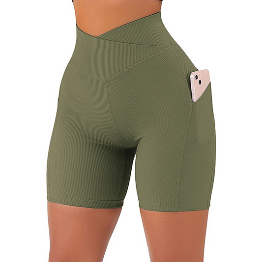 High Waist Cross Workout Shorts with side pockets in various colors and sizes for women