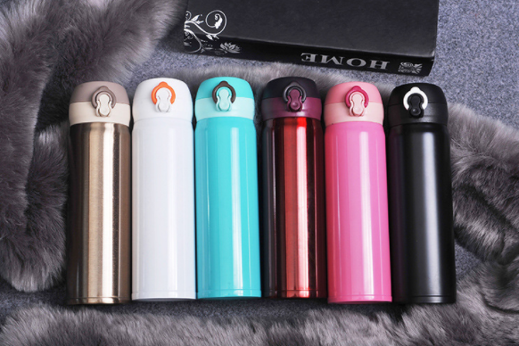 Insulated stainless steel cup with one-handed opening, silicone seal, and multiple color options