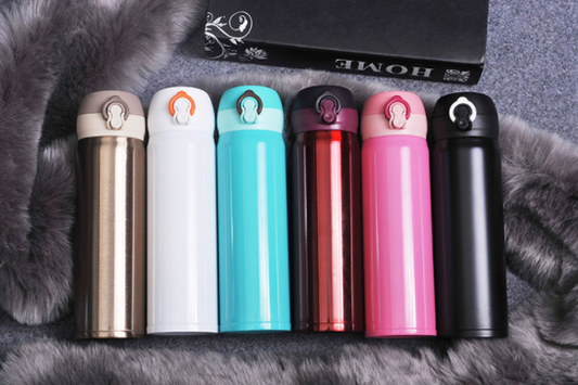 Insulated stainless steel cup with one-handed opening, silicone seal, and multiple color options